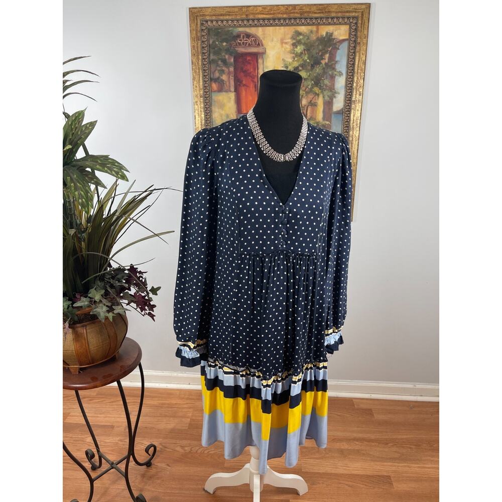 Taylor Tiered Midi Dress Women's Size 10‎ Blue Polka Dots Whimsical Bohemian